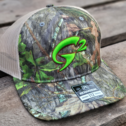 Gob Gear | Cap Hat | G2 Rounded Logo - Richardson 112 Snapback - Mossy Oak Obsession/Khaki- Bright Green/Brown Stitching
