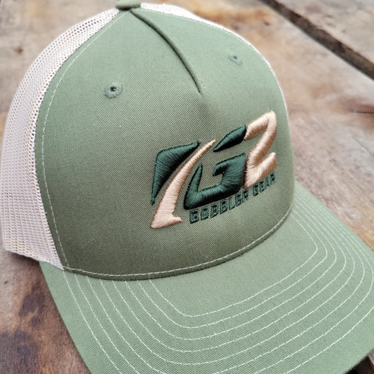 Gob Gear | Cap Hat | G2 Squared Logo - Richardson 112FP Snapback - Olive/Tan - Hunter Green/Tan Stitching
