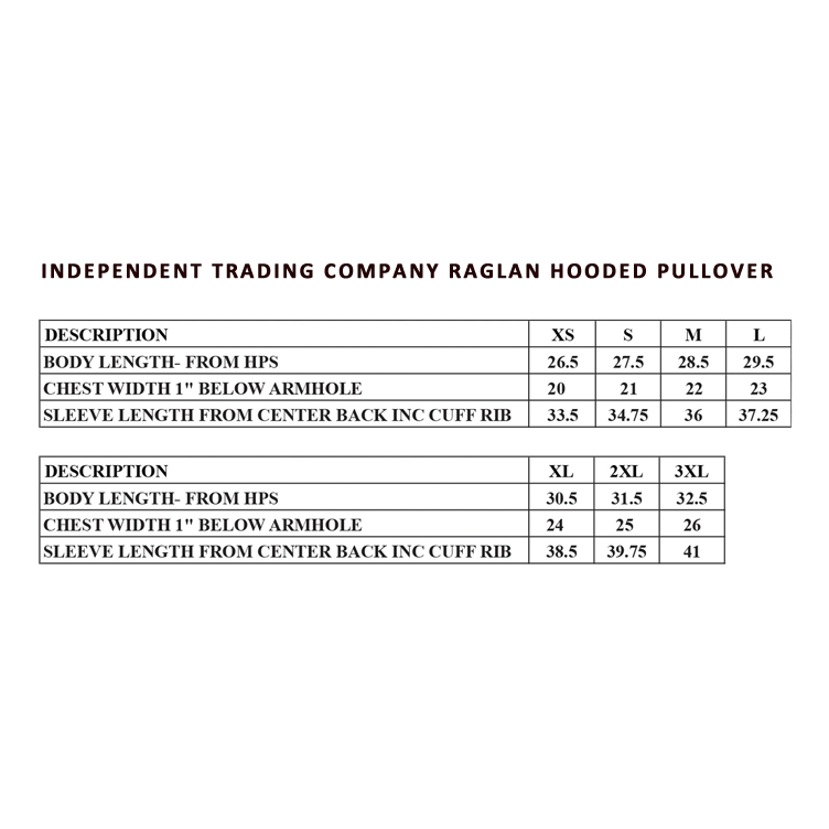 Gob Gear | Independent Trading Co Hoodie - Size Chart